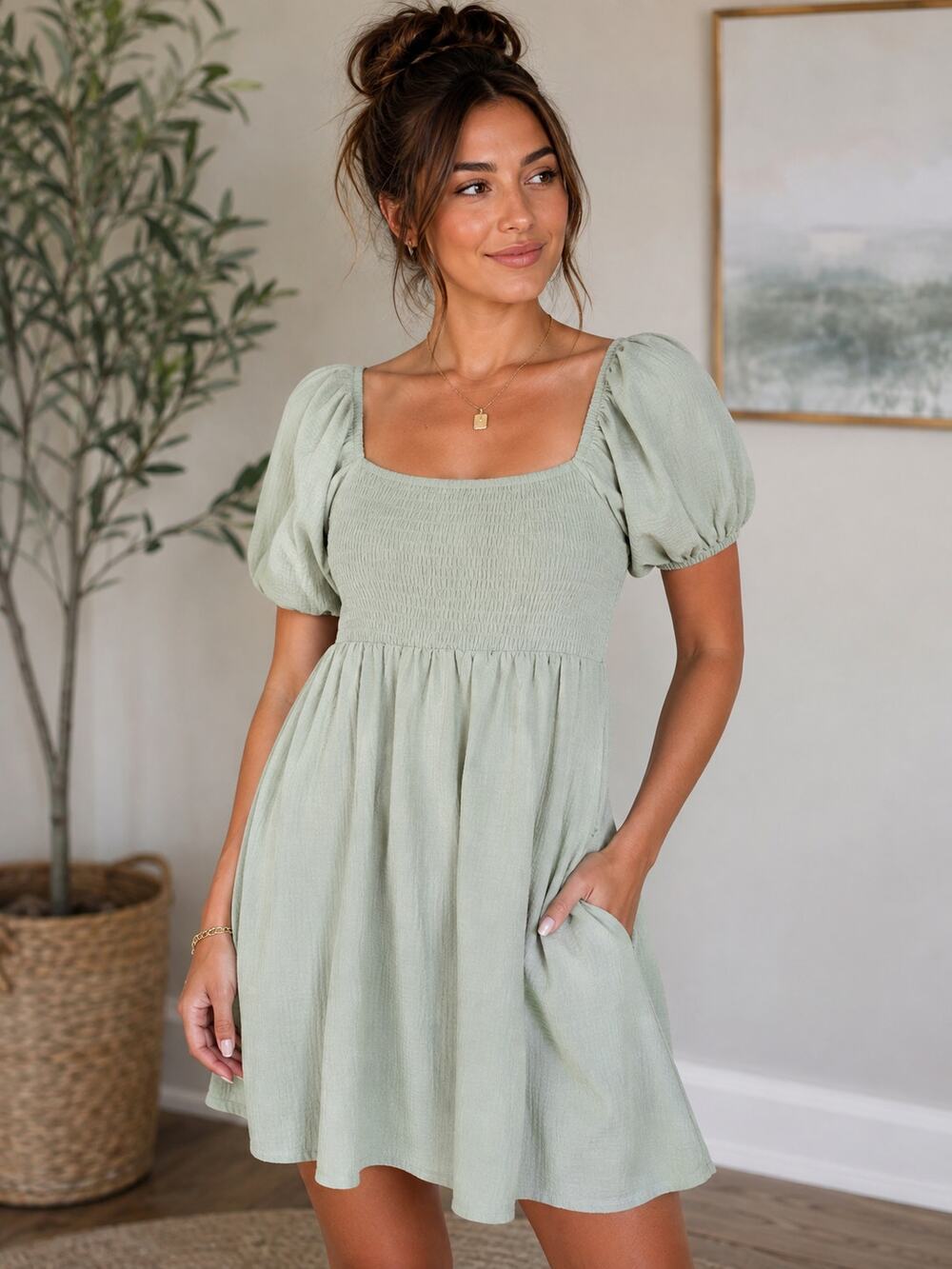 Mint Green Smocked Puff Sleeve Dress Women’s Medium M Excellent Condition